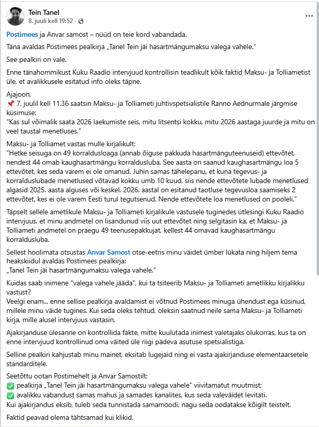 Ekraanitõmmis Tanel Teini Facebooki postitusest